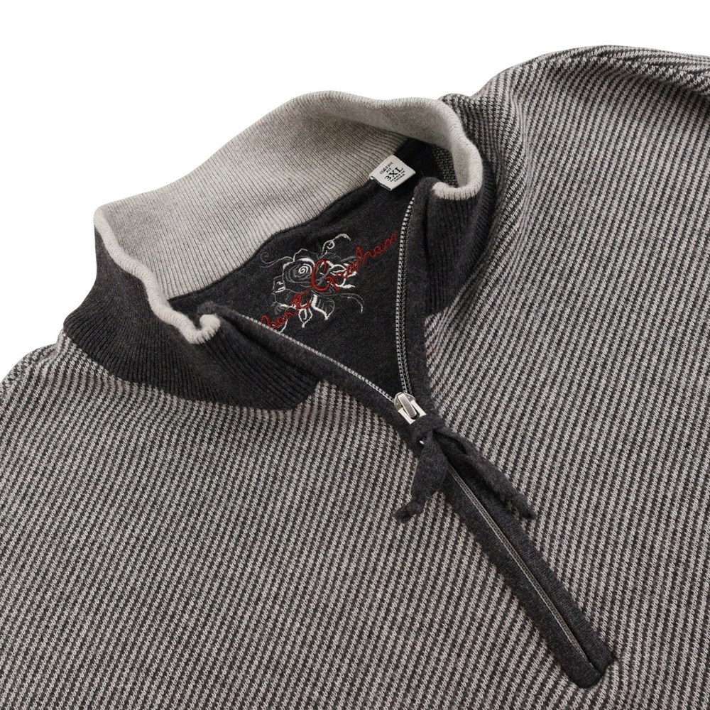 Robert Graham Mens 3XL Grey Black Stripe Cotton Cashmere Quarter Zip Sweater